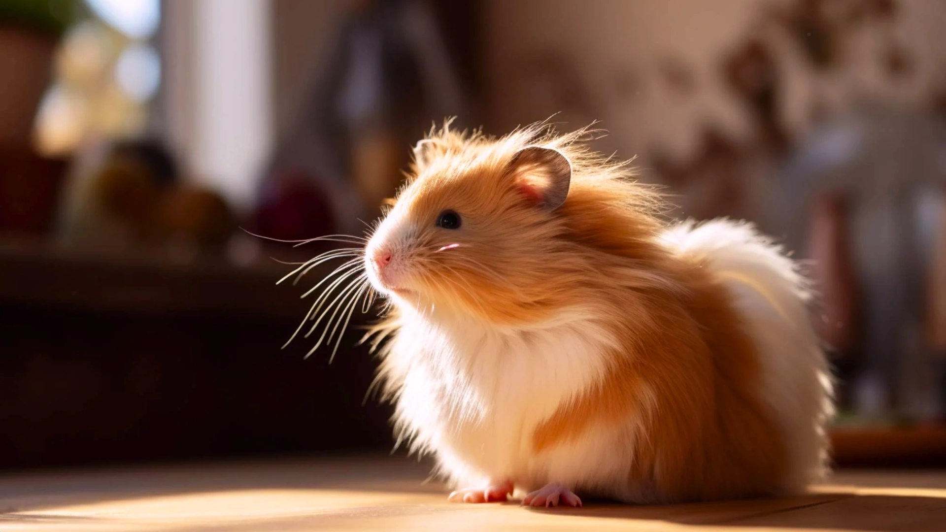 Fluffy golden and white hamster sitting on wooden floor indoors with warm light highlighting its soft coat