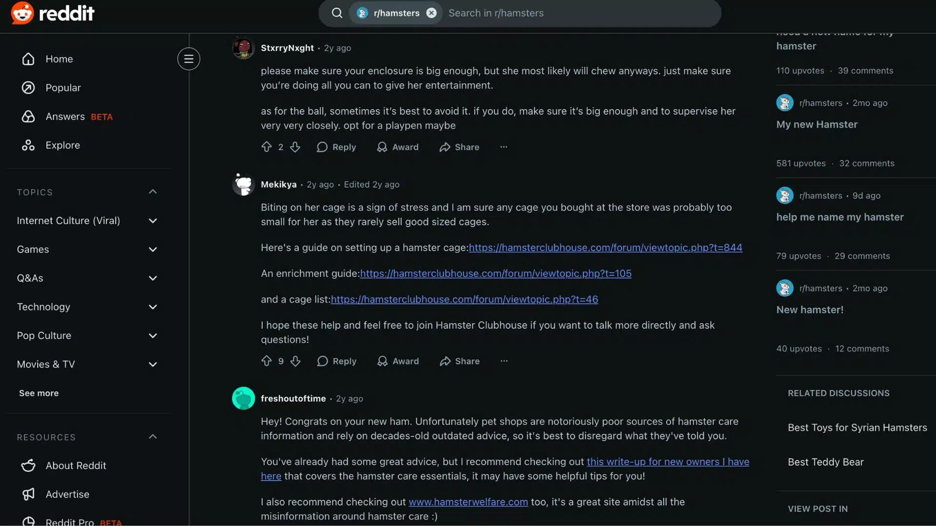 Reddit hamster care discussion screenshot showing advice on cage size, enrichment, and beginner hamster tips