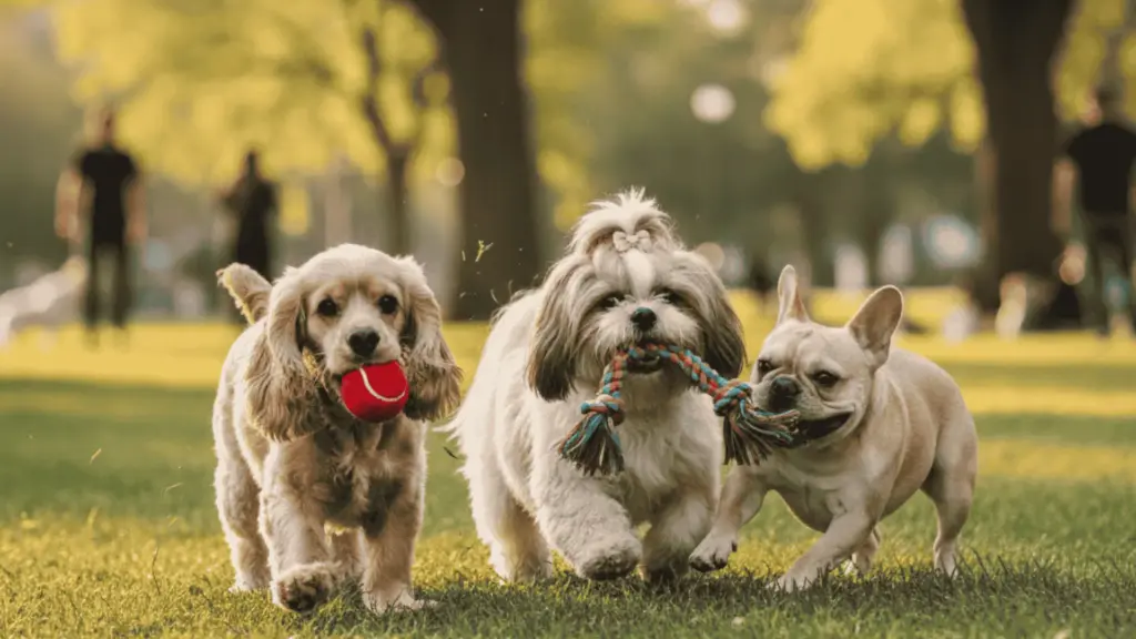 A Cocker Spaniel, Shih Tzu, and French Bulldog run together on a sunny park lawn, playing with a ball and a rope toy