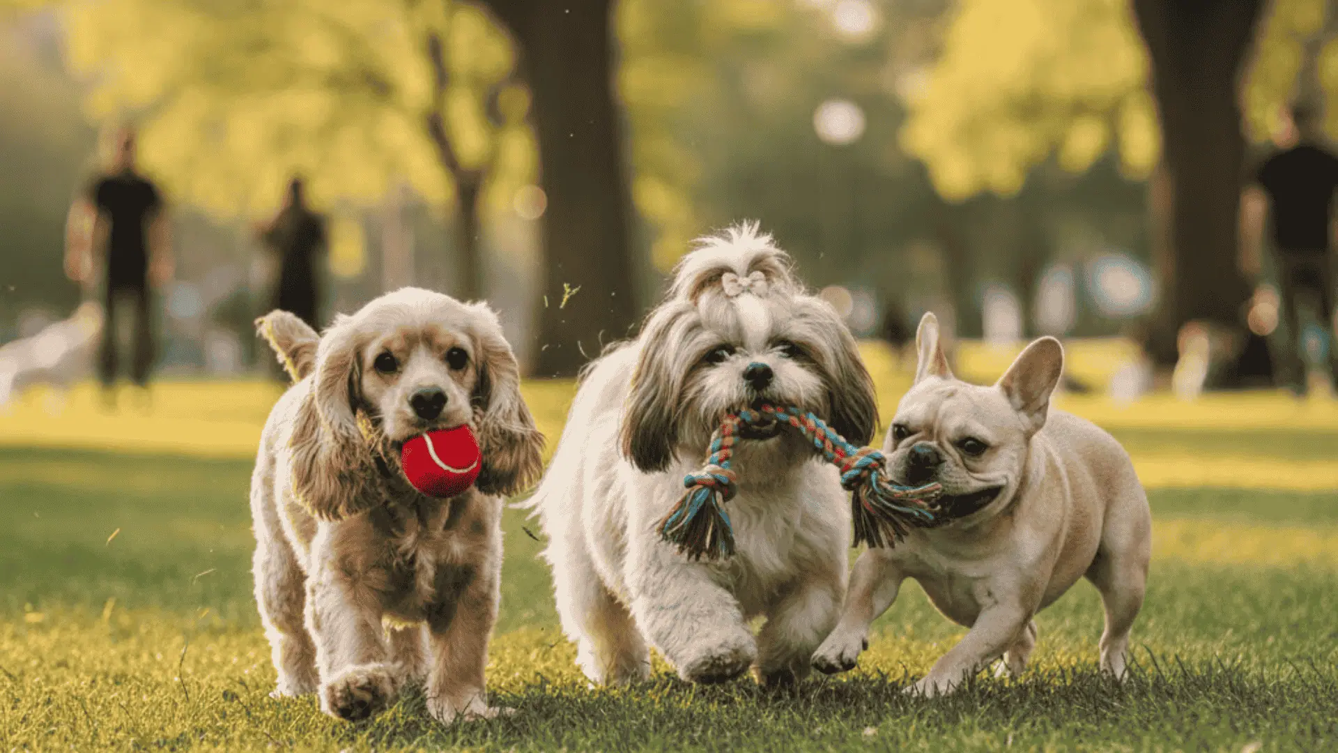 A Cocker Spaniel, Shih Tzu, and French Bulldog run together on a sunny park lawn, playing with a ball and a rope toy