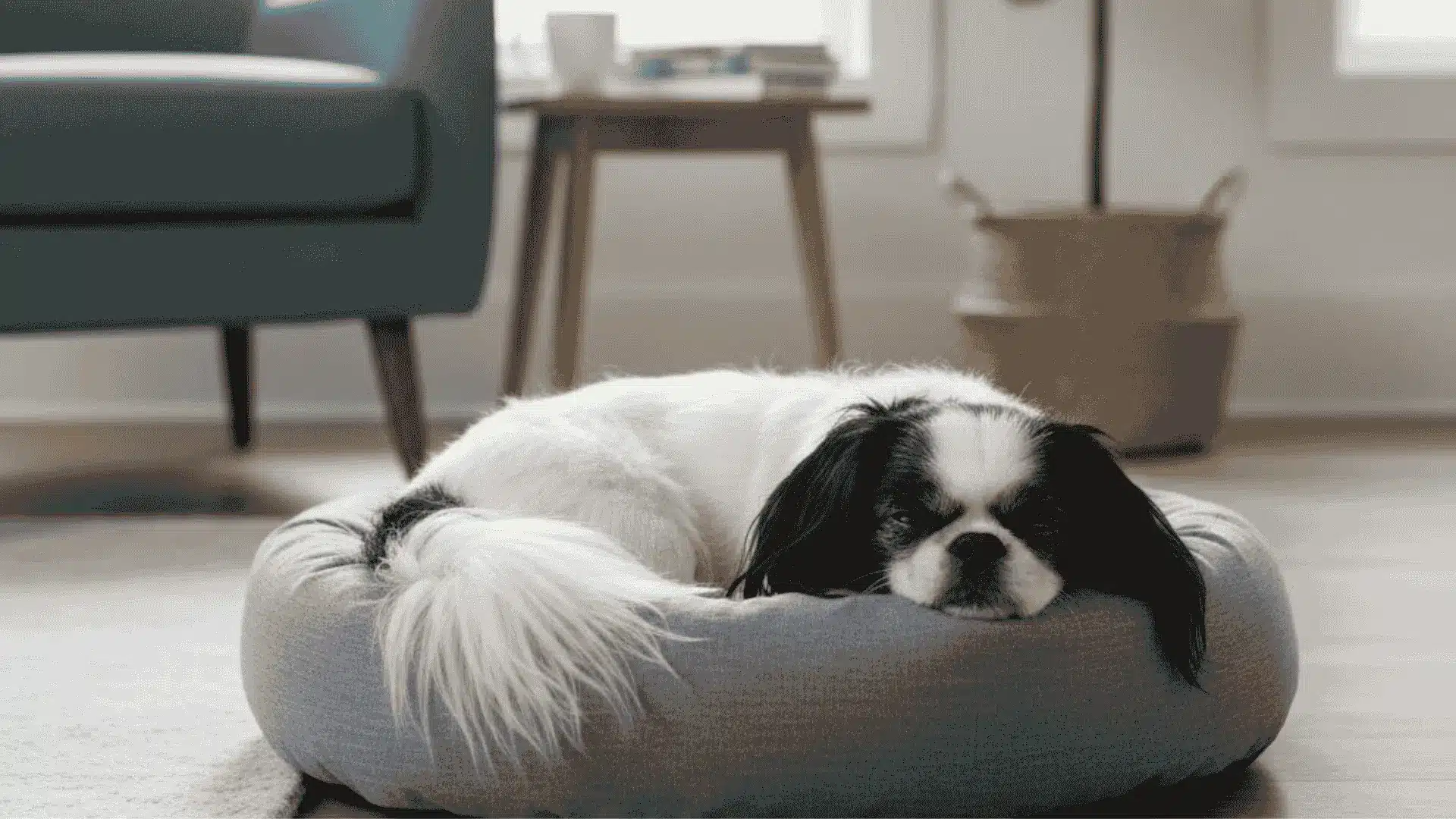 A black and white Japanese Chin lies curled up and resting in a grey plush dog bed