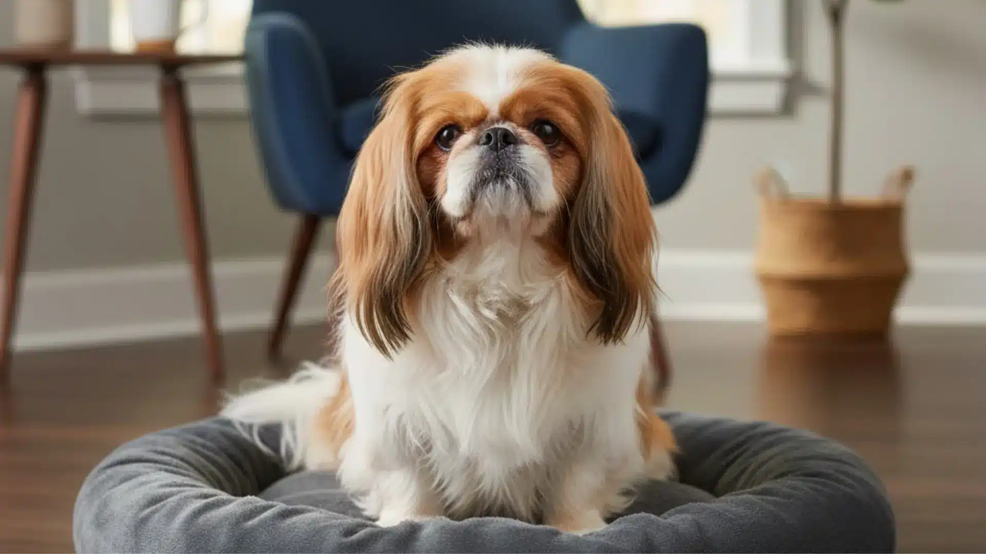 A fluffy Pekingese with long ears sits upright in a grey dog bed in a modern living space