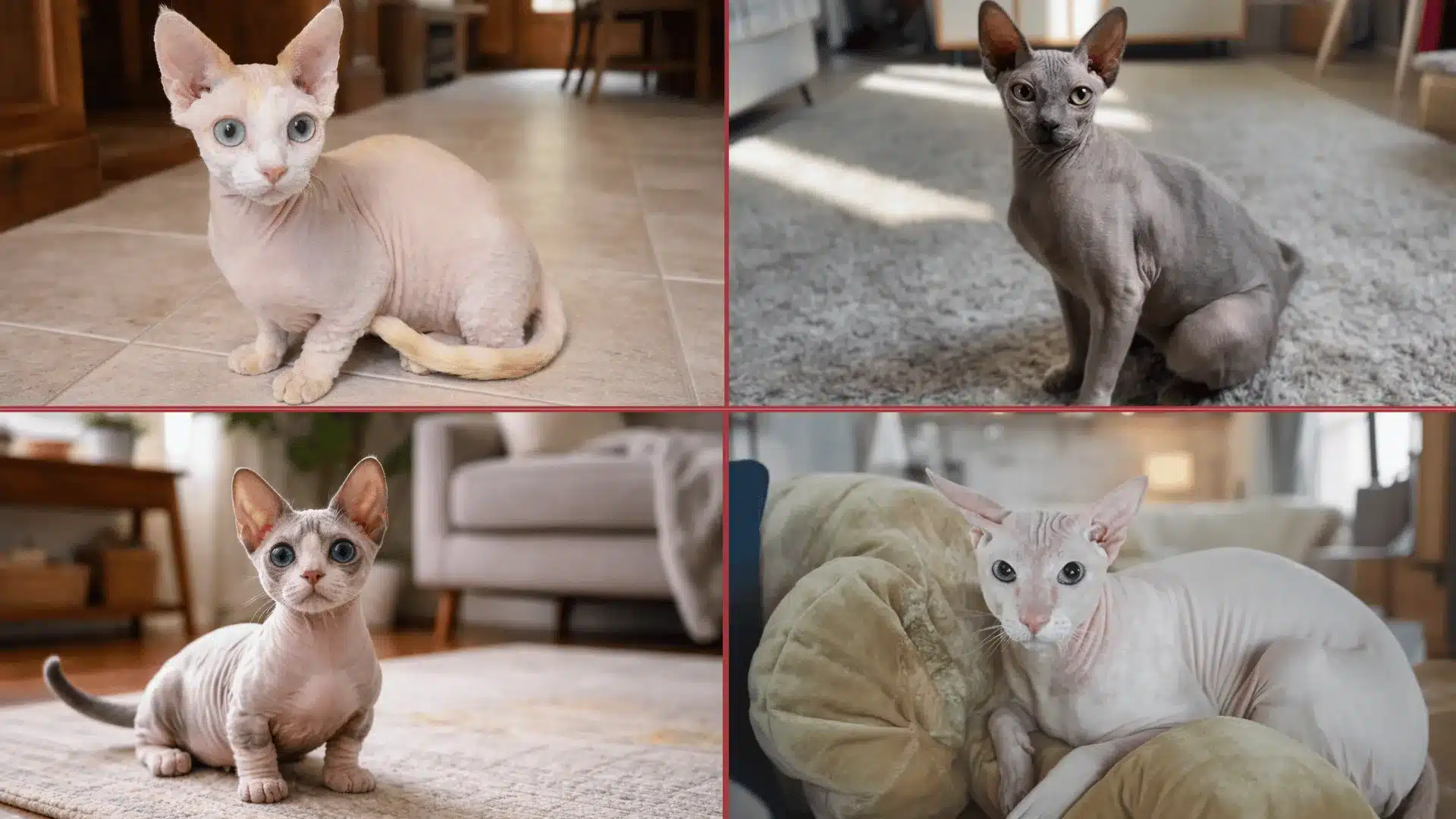 A four panel image of hairless cats breeds showing minskin, peterbald, elf and Ukrainian Levkoy breeds