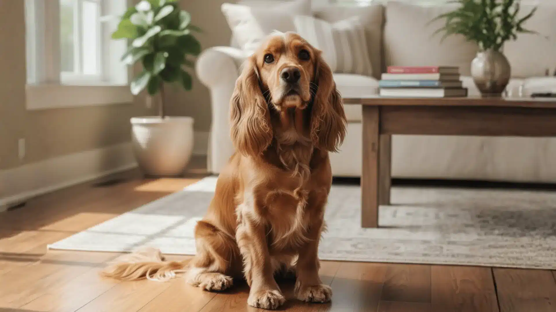 A golden brown Cocker Spaniel sitting on a polished wooden floor in a bright, modern living room with a white sofa