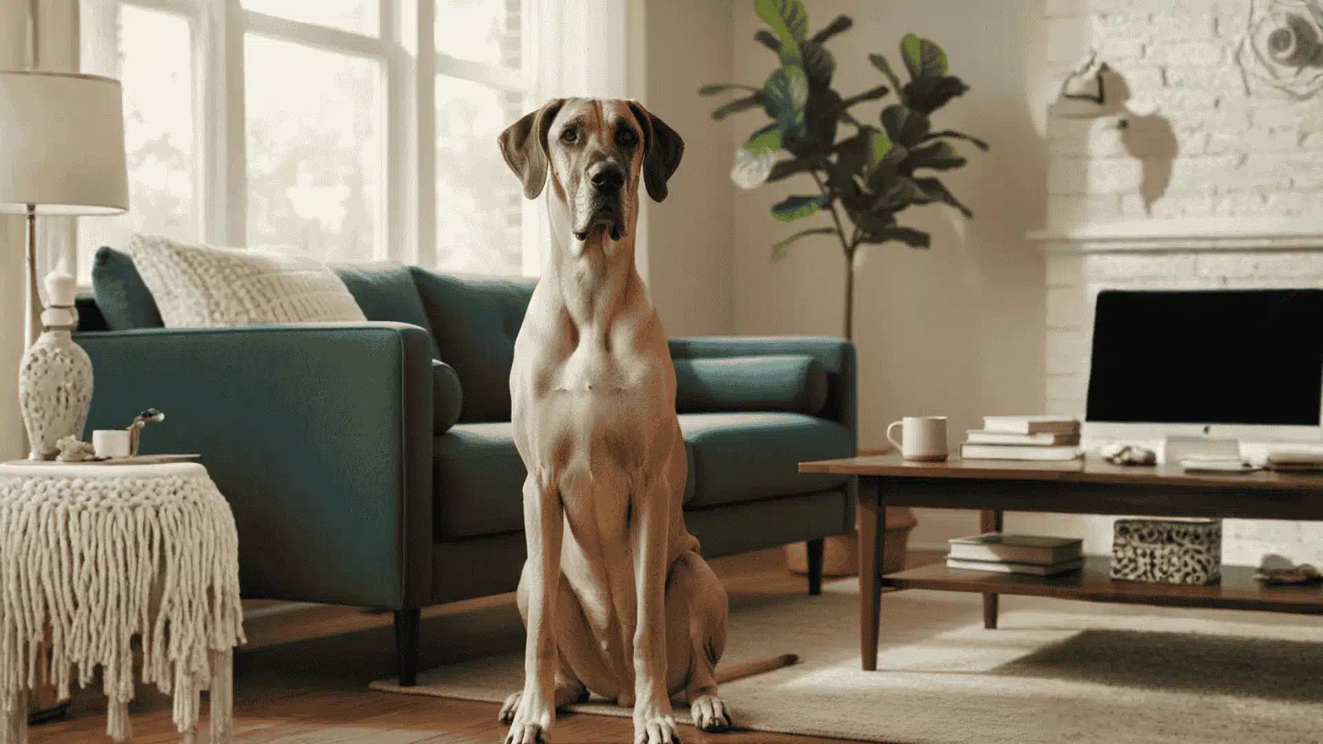 A large, fawn colored Great Dane sits regally on a rug next to a teal sofa in a well lit living room