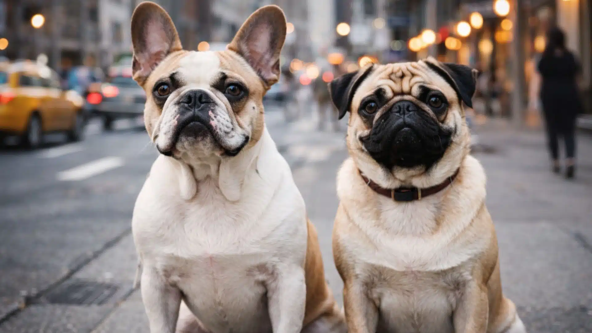 A pug and a French bulldog sitting on a city street