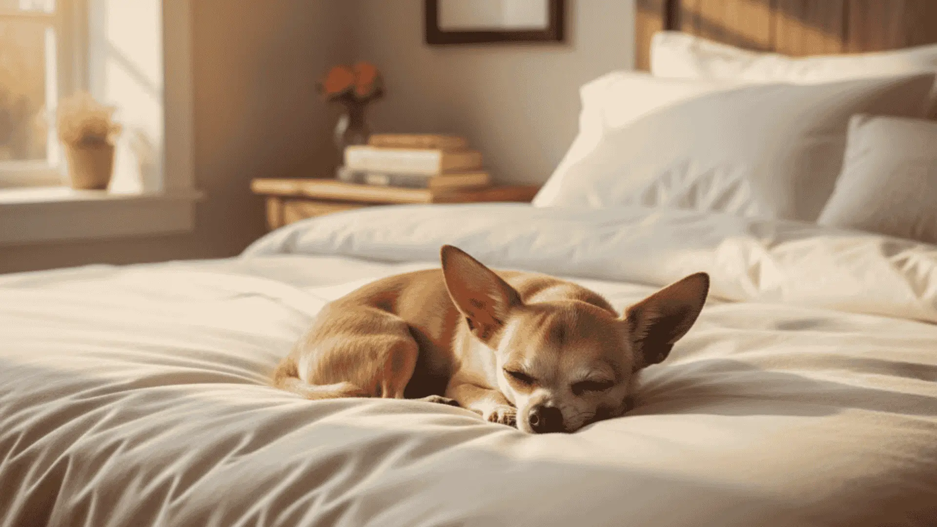 A small, tan Chihuahua sleeps curled up on a white duvet in a bedroom filled with warm sunlight