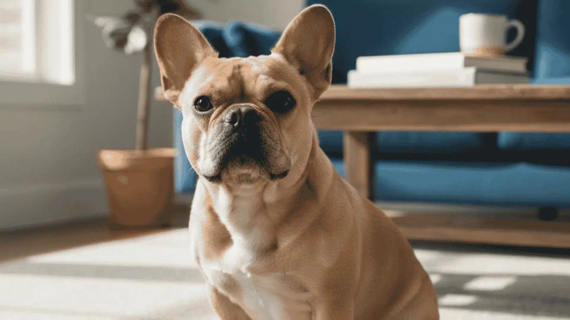A tan French Bulldog sits alertly on a grey rug in a sunlit, modern living room with a blue sofa