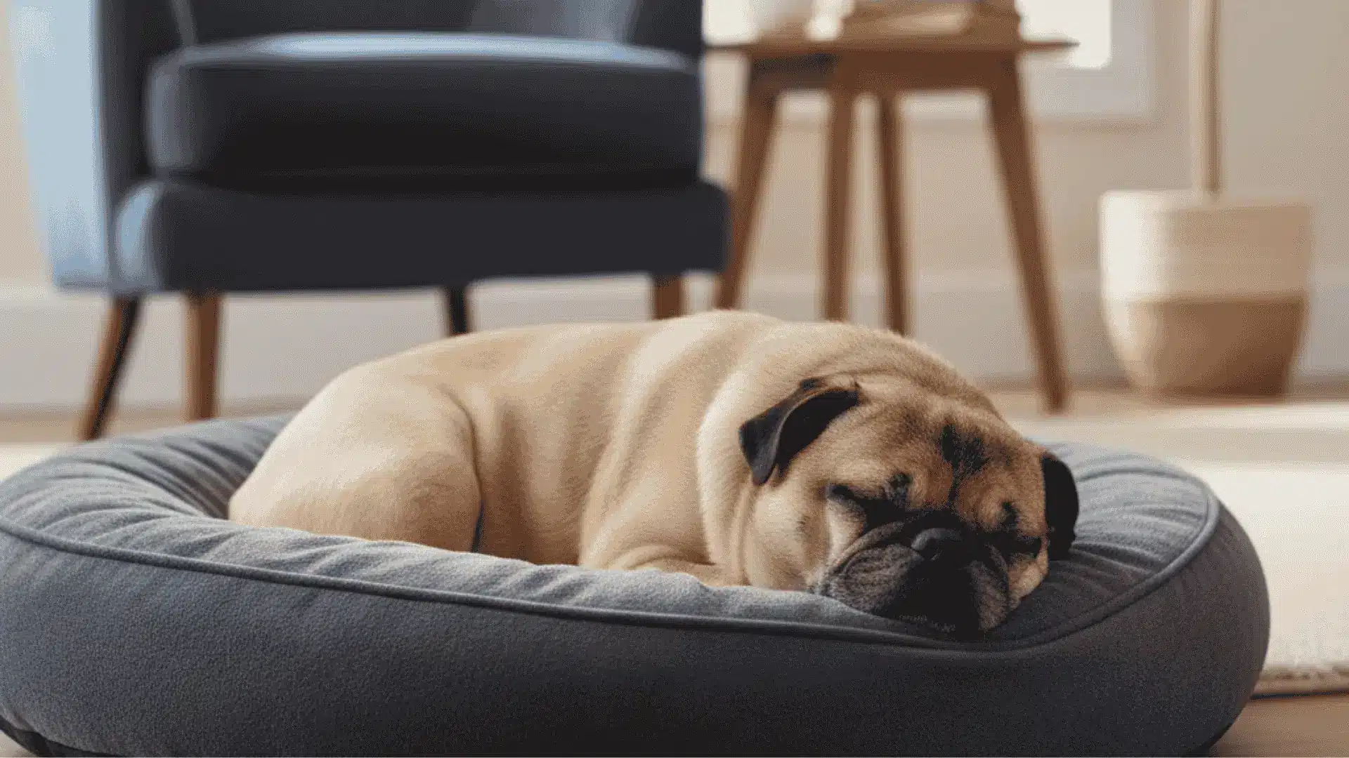 A tan Pug is curled up and sleeping peacefully in a soft, grey circular dog bed near a blue armchair