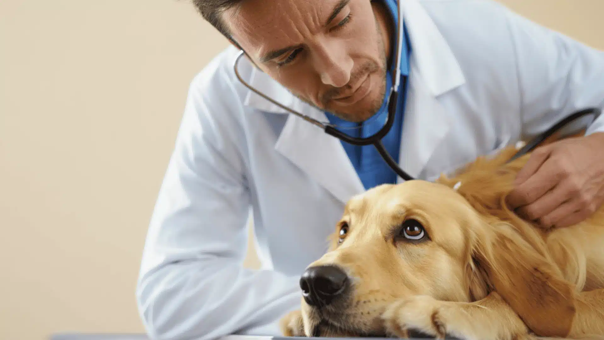 A veterinarian examining dog while holding it on a table