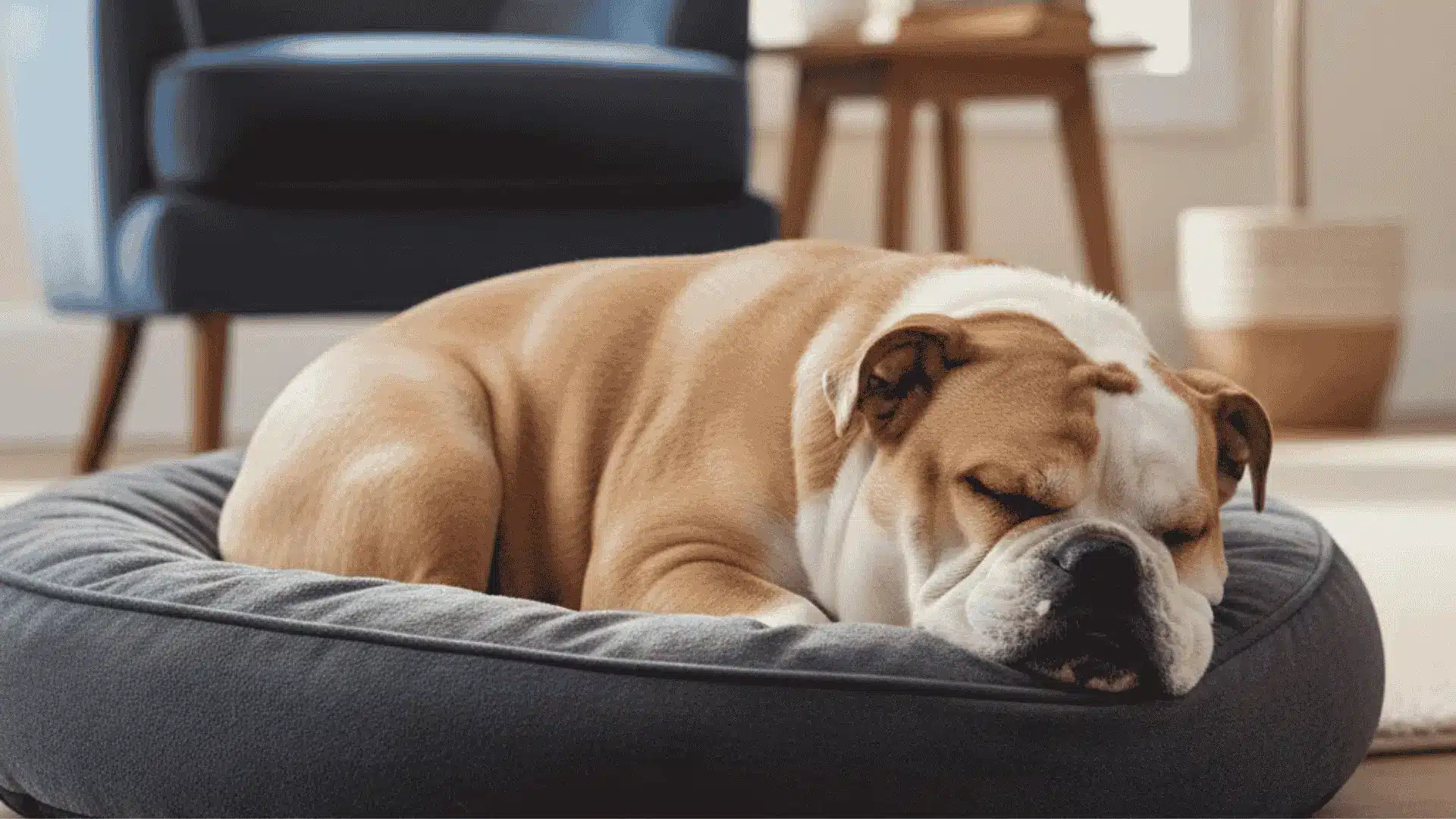 An English Bulldog sleeps soundly in a round, grey plush dog bed on a wooden floor