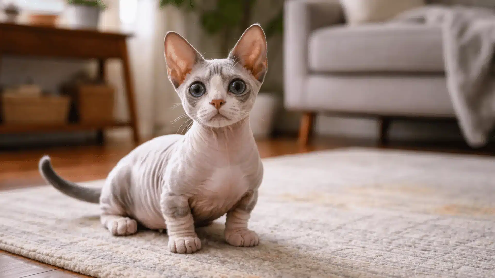 Bambino cat with hairless body and short legs sitting on rug in living room