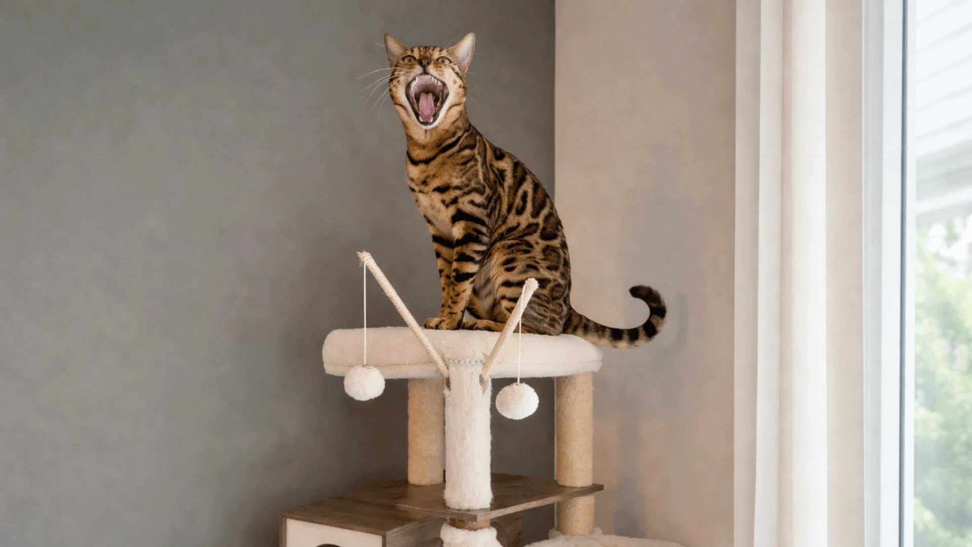 Bengal cat perched on a tall cat tree with mouth open as if meowing or yawning