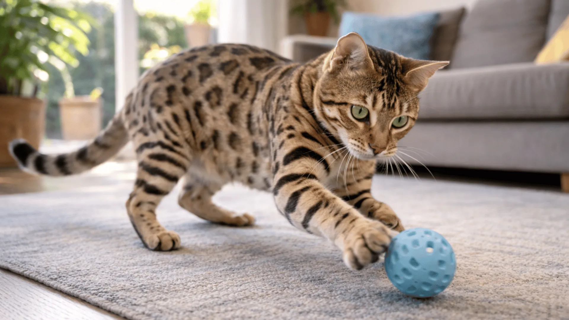 Bengal cat playing with blue ball at home with grey carpet and sofa