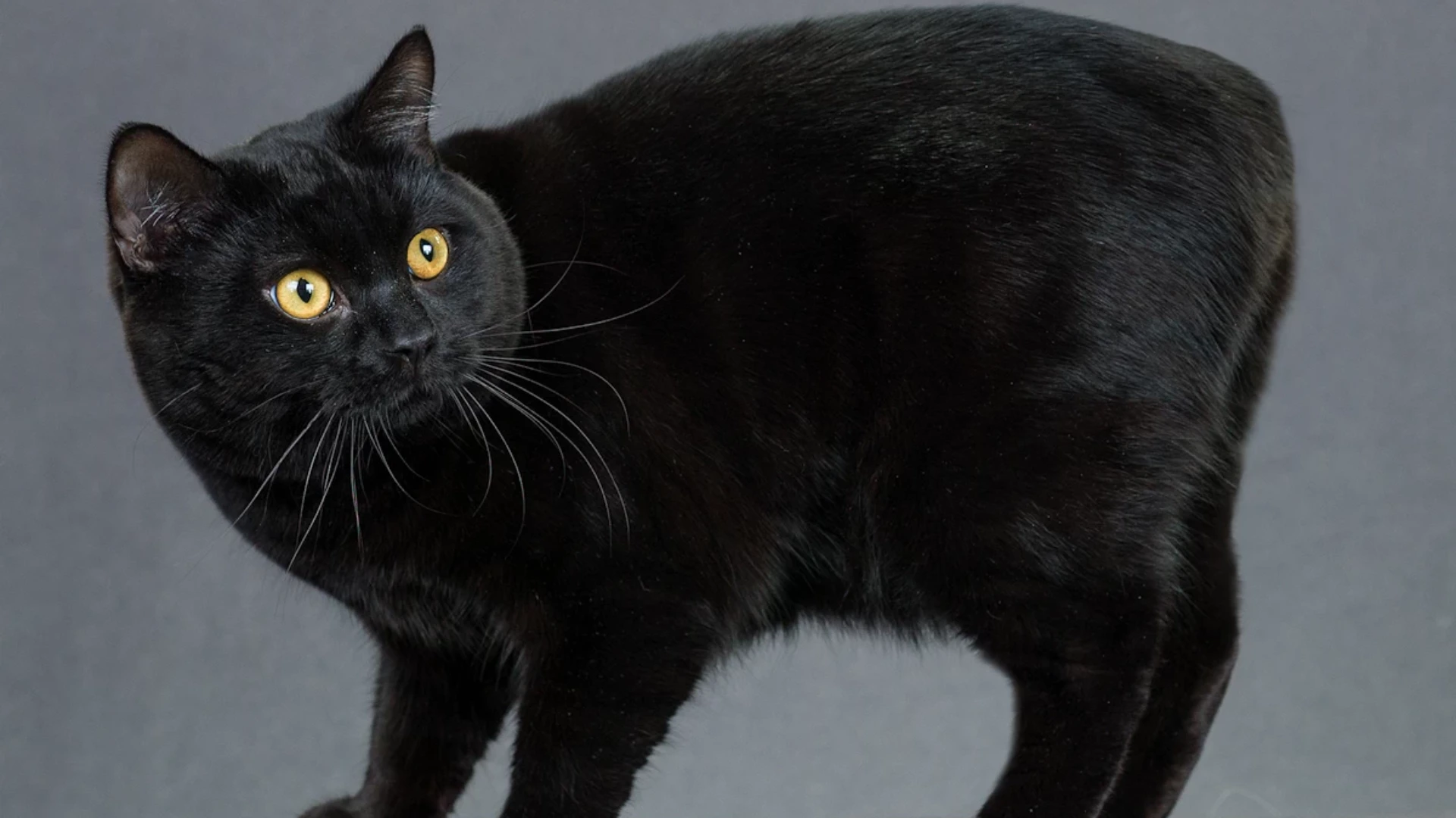 Black manx cat with round golden eyes standing against a plain gray background indoors