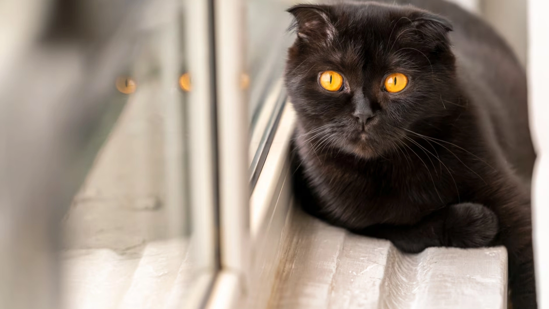 Black scottish fold cat with bright orange eyes resting on a windowsill indoors, gazing forward near a glass window