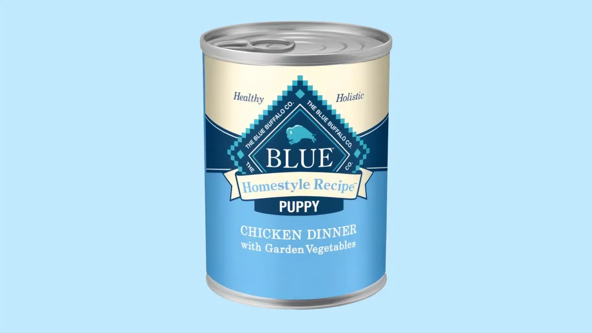 Blue Buffalo Homestyle Recipe Puppy Chicken Dinner wet dog food can with garden vegetables label