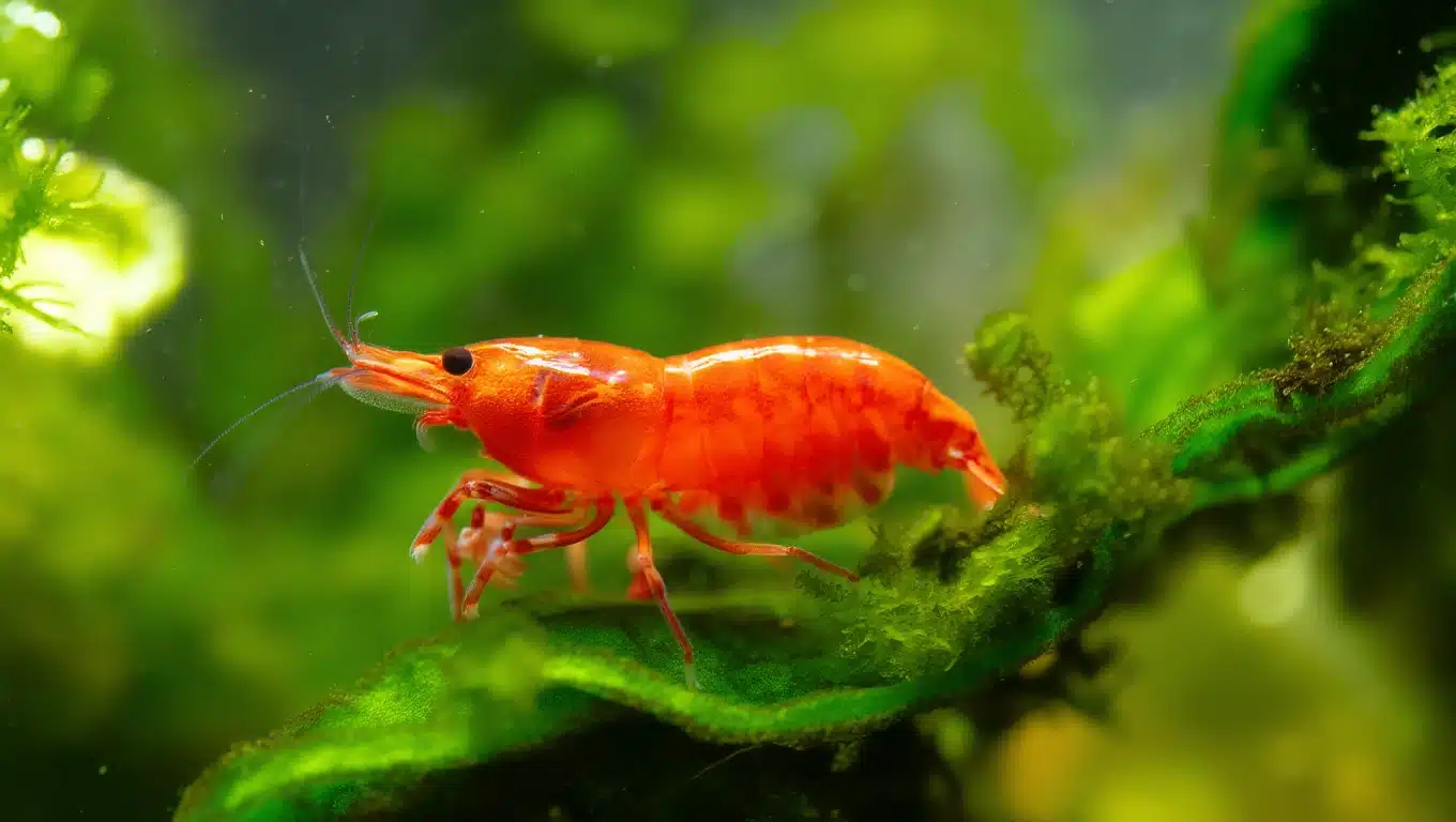 Bright red freshwater aquarium cherry shrimp crawling on green aquatic plants in clear water, close up macro view of ornamental shrimp