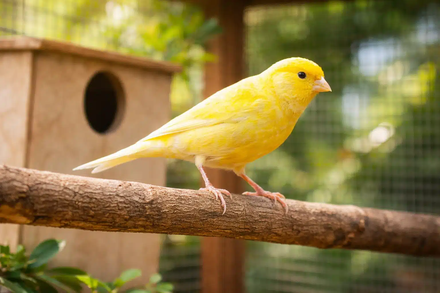 Bright yellow canary perched on wooden branch inside bird cage with nest box in background