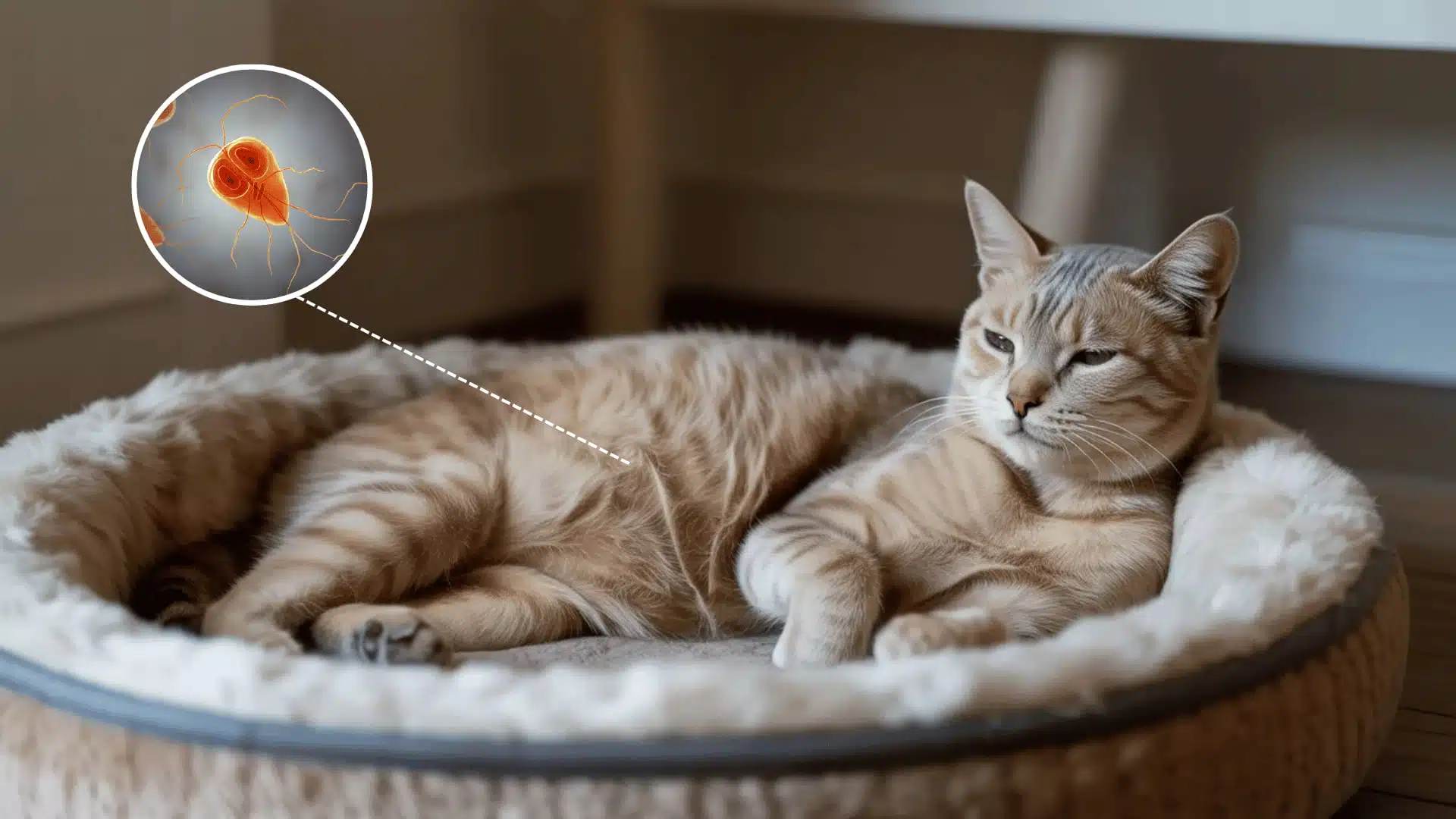 Cat resting in pet bed with inset illustration of parasite representing giardia in cats