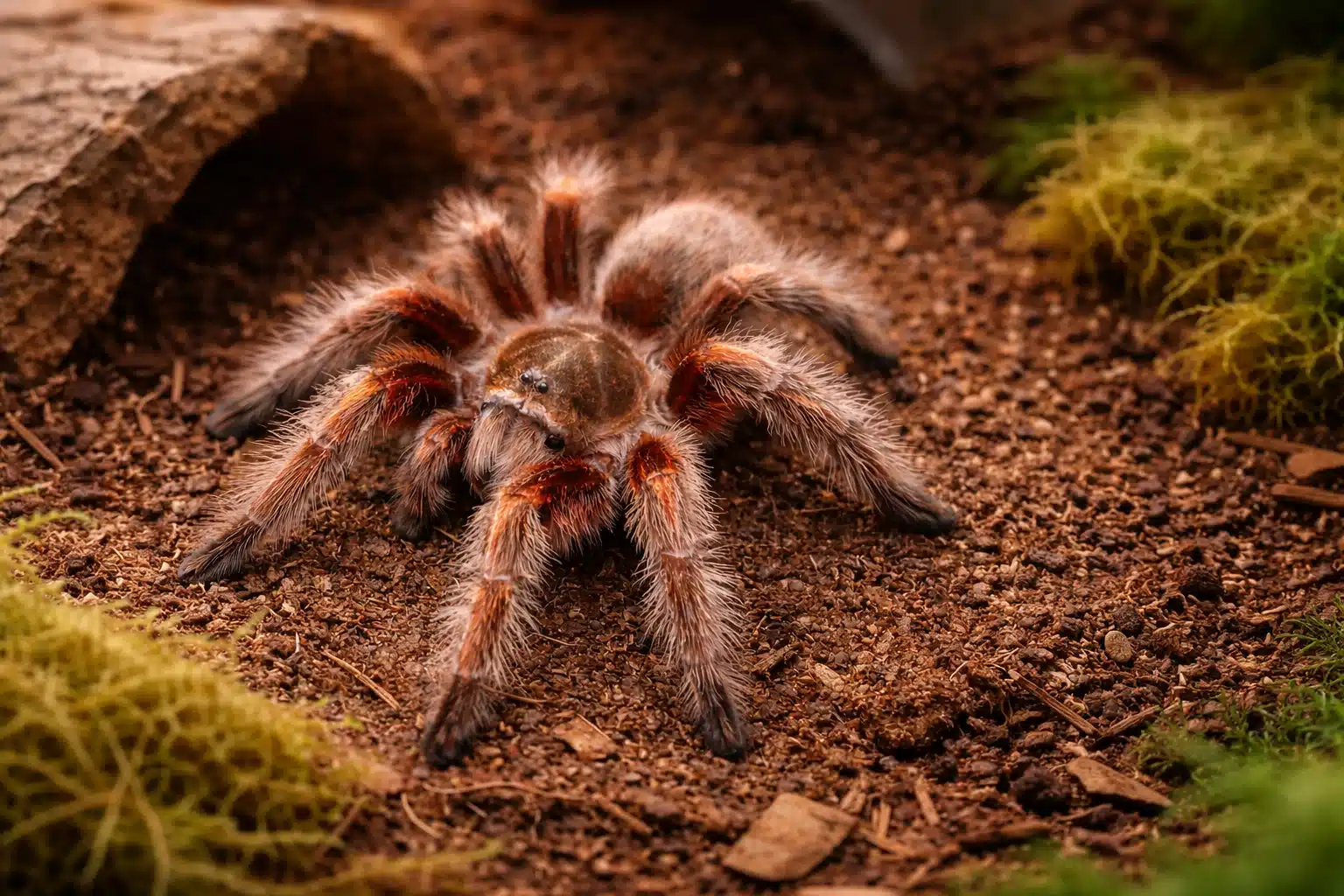 Chilean Rose Hair tarantula on a soil substrate next to a piece of cork bark