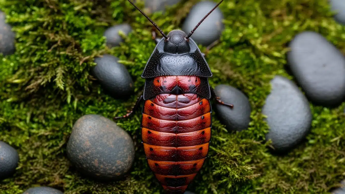 Close up of a black and reddish brown cockroach resting on green moss with small gray stones around it