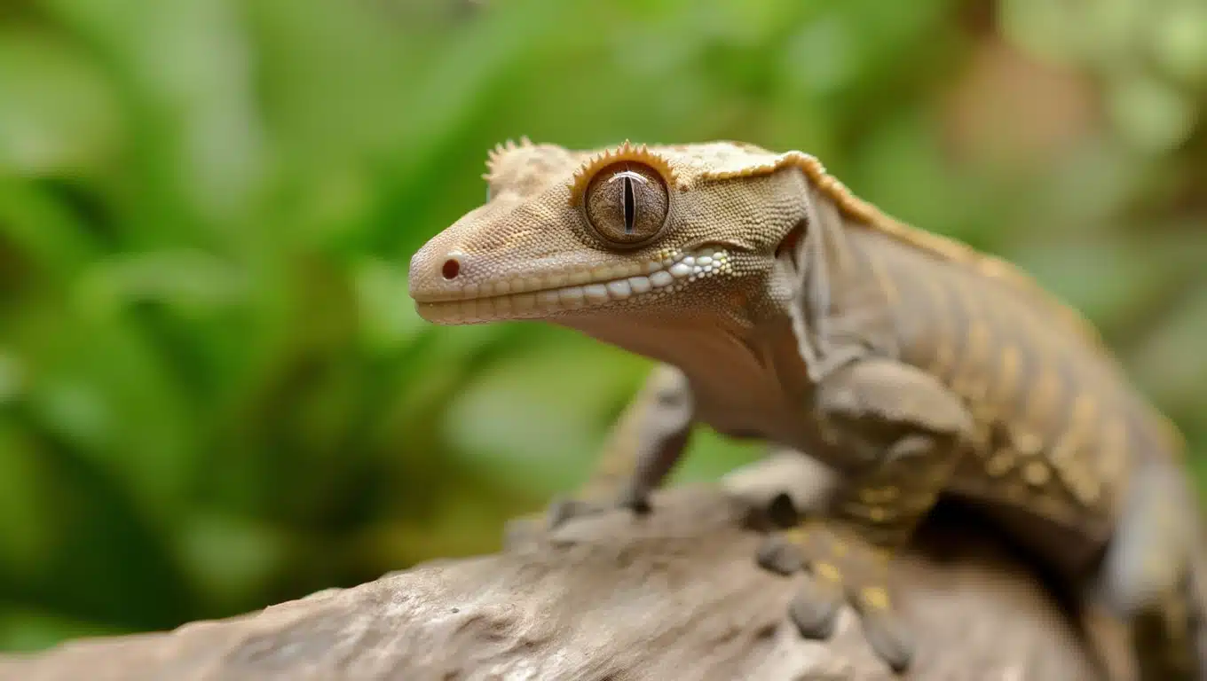 Close up of a brown crested gecko with big vertical eye on a branch with blurred green plants in the background