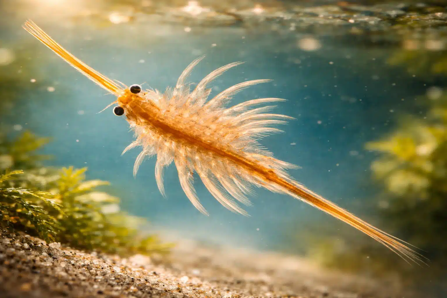 Close up of fairy shrimp swimming underwater in freshwater pond with visible feathery legs and long tail