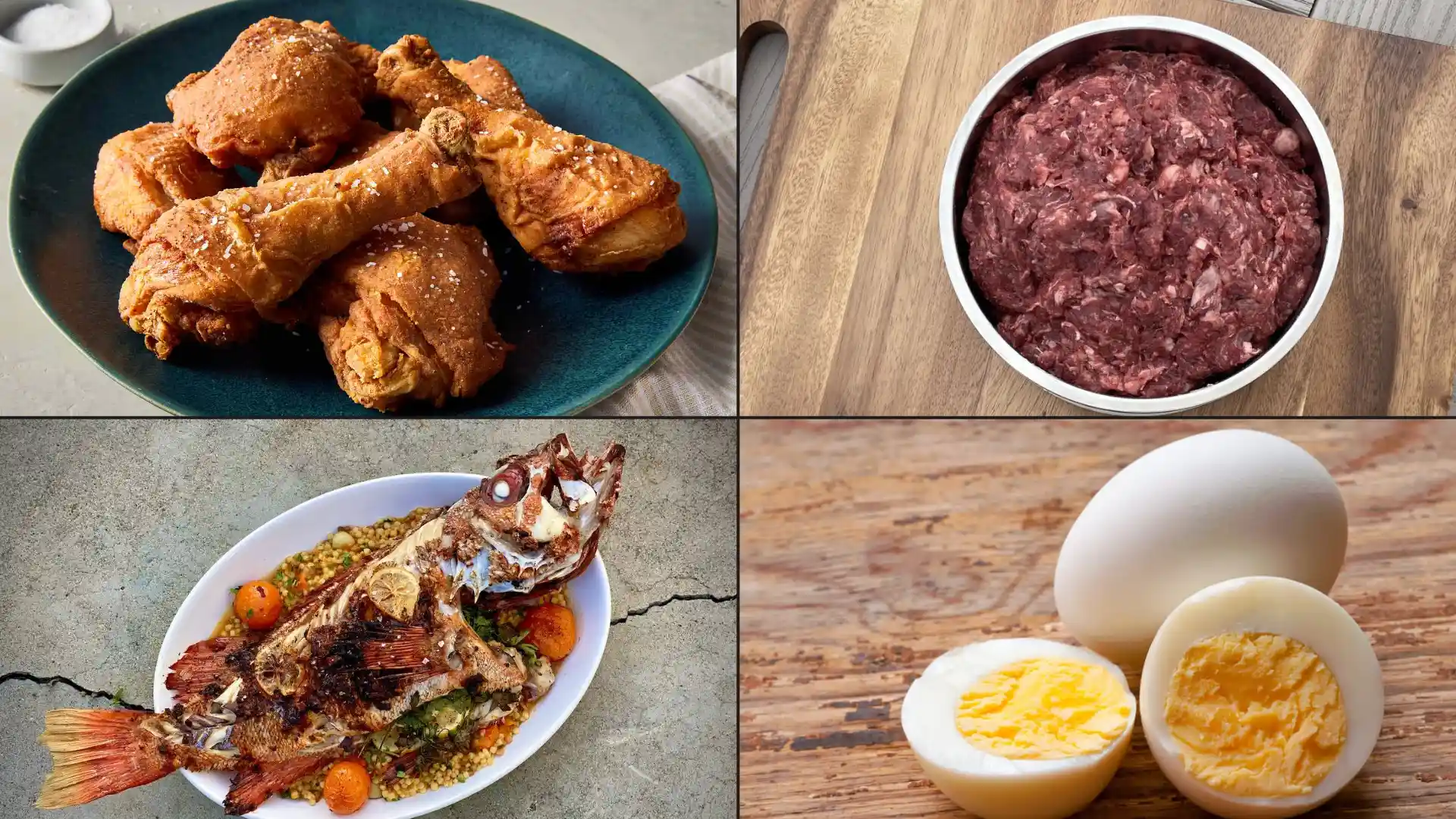 Collage of chicken drumsticks, raw ground beef, grilled whole fish, and boiled eggs displayed as common animal protein sources