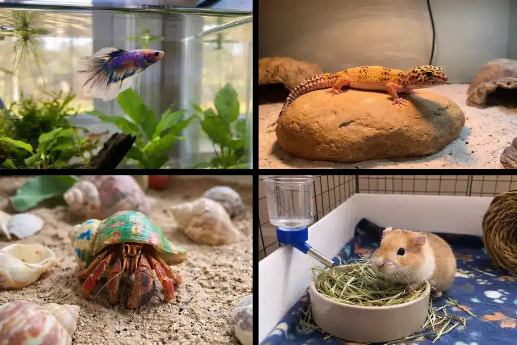 Collage of low maintenance pets including a betta fish, leopard gecko, hermit crab, and hamster