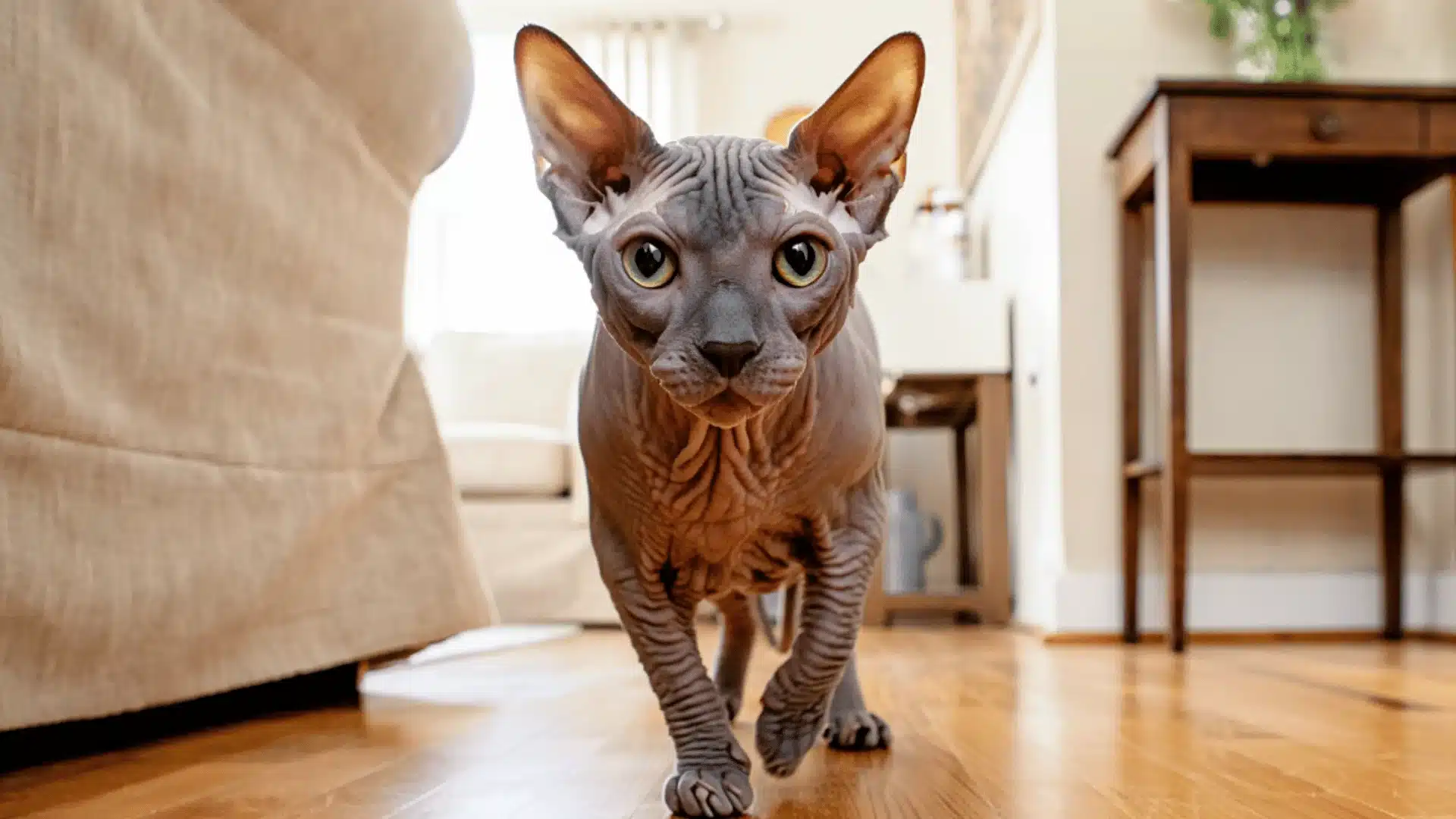 Donskoy cat with hairless wrinkled skin walking on wooden floor inside living room