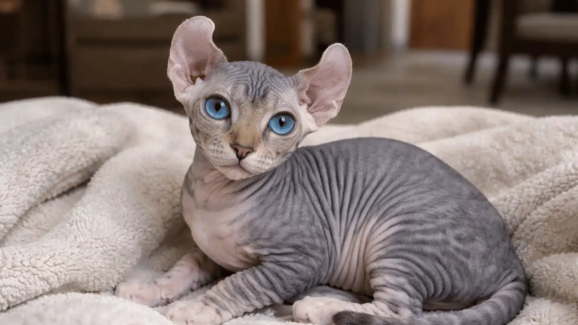 Elf cat with blue eyes sitting on a beige soft cloth at home looking up