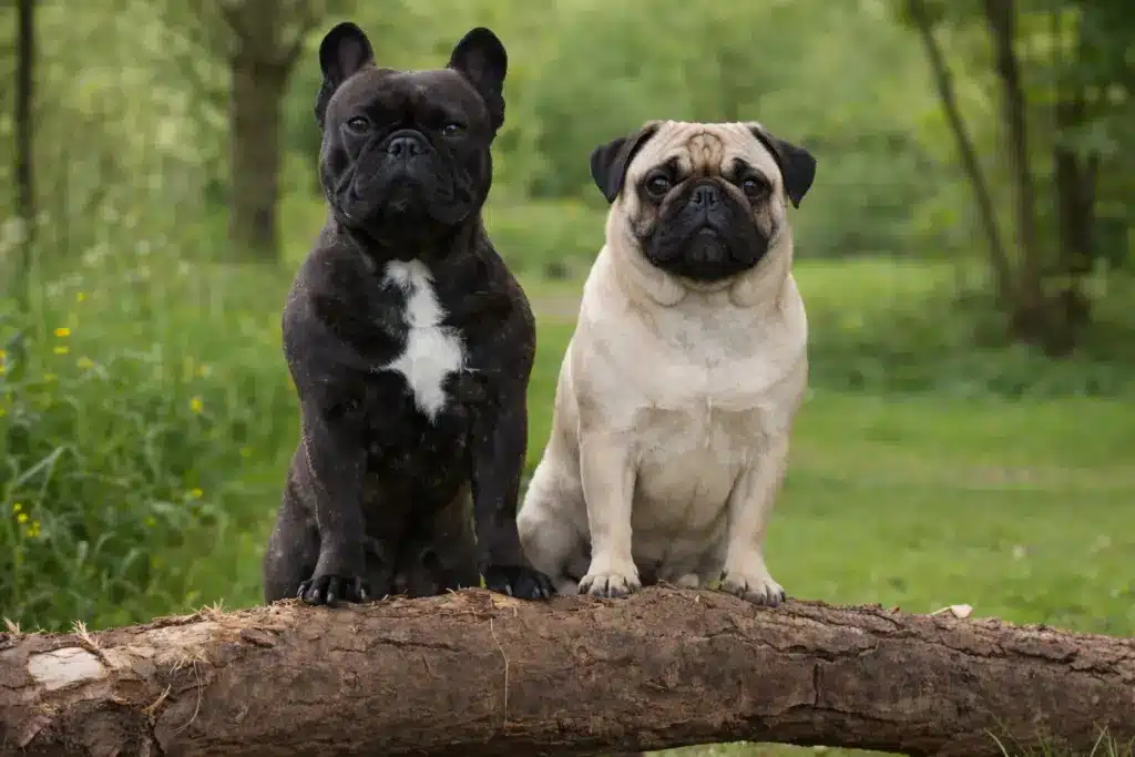 French bulldog and pug sitting side by side on log in green park