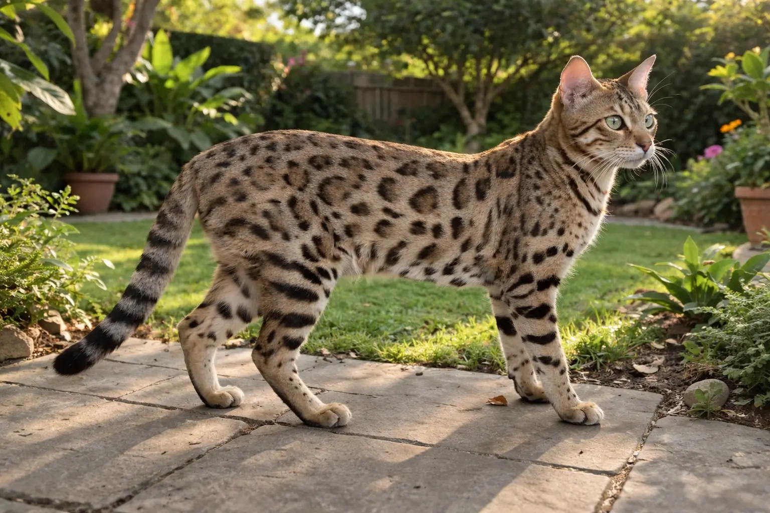Full grown bengal cat standing in home backyard