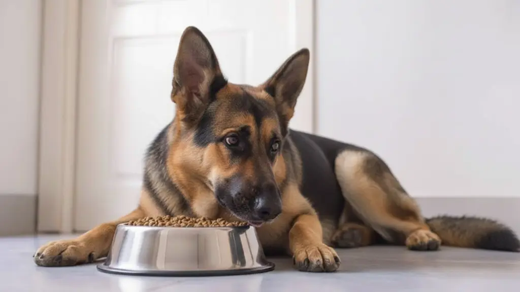 German Shepherd lying on the floor eating dry kibble from a stainless steel dog bowl indoors