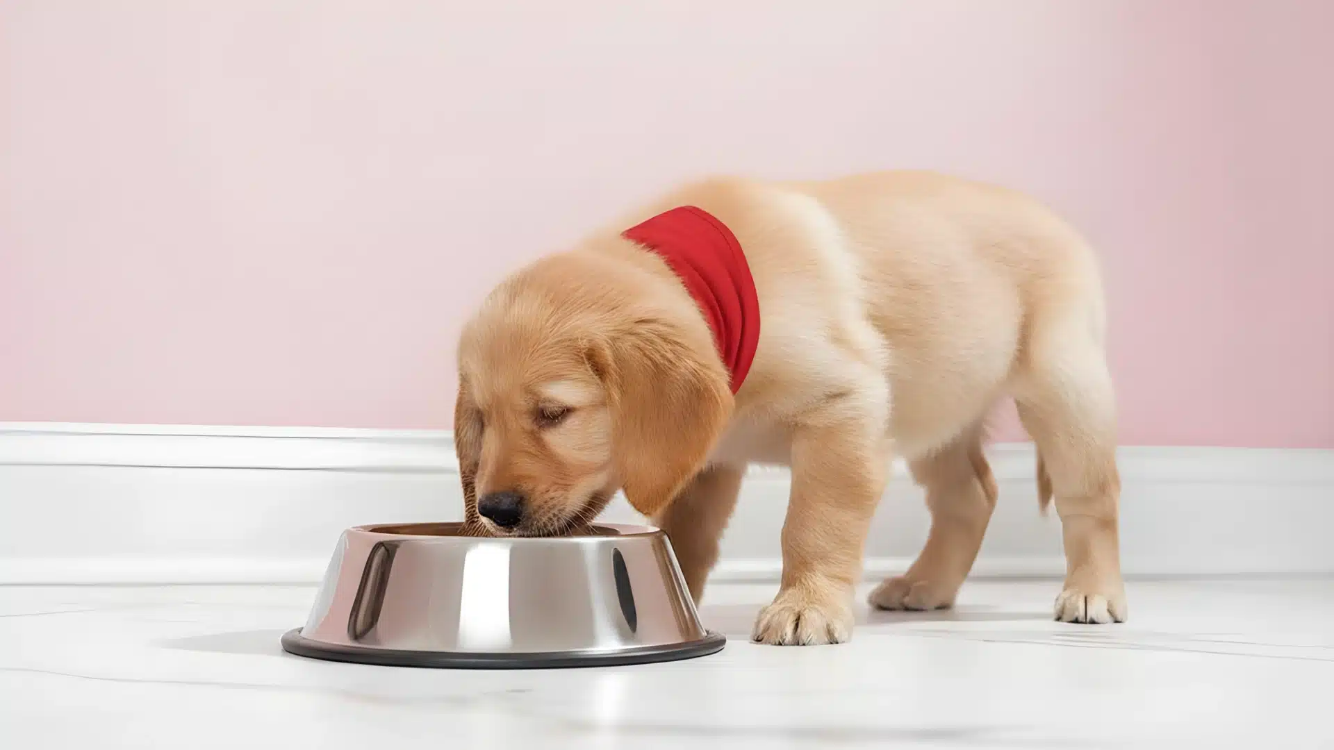Golden Retriever puppy wearing a red collar eating from a stainless steel dog bowl on a light colored floor