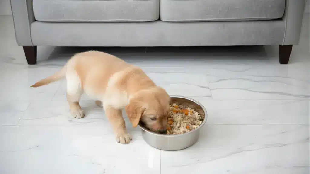 Golden retriever puppy eating rice and vegetables from a metal bowl on a clean kitchen floor near a gray sofa
