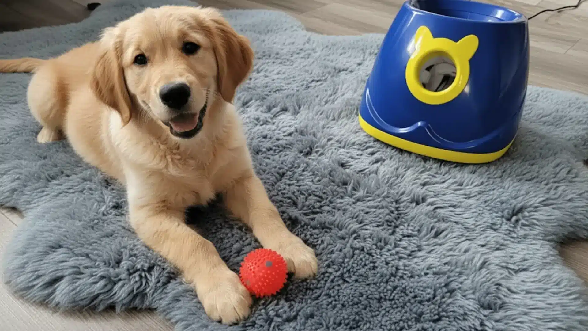 Golden retriever puppy lying on gray rug with red ball beside blue and yellow interactive dog toy indoors