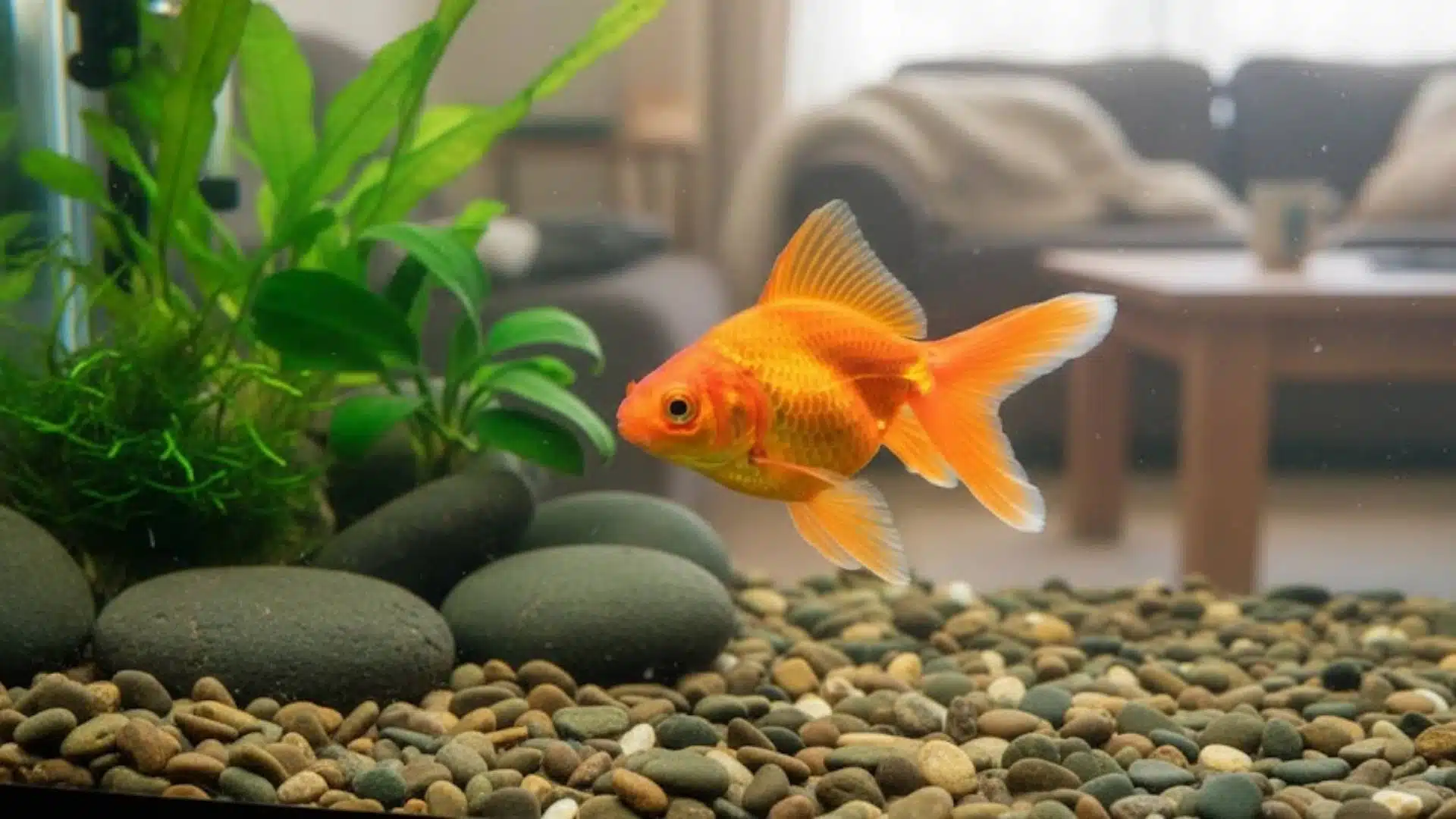 Goldfish swimming in a planted aquarium setup showing a bright example of low maintenance pets naturally for easy care at home