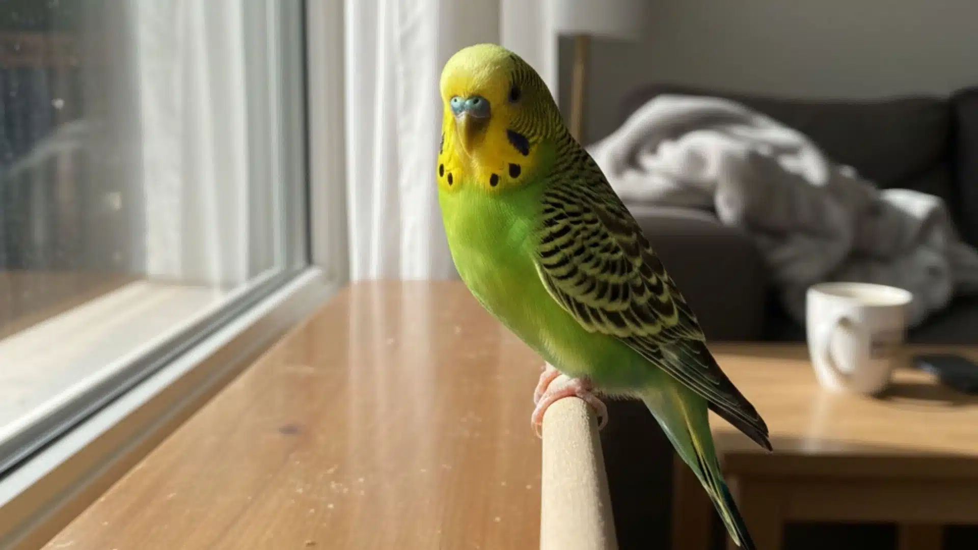 Green and yellow budgie perched indoors by a window, a sweet example of low maintenance pets naturally for welcoming care at home