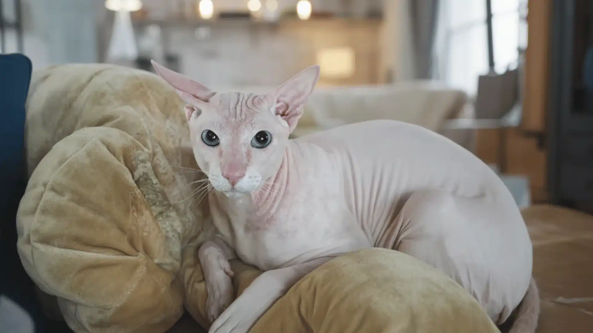 Hairless peterbald cat with blue eyes resting on a plush beige cushion indoors