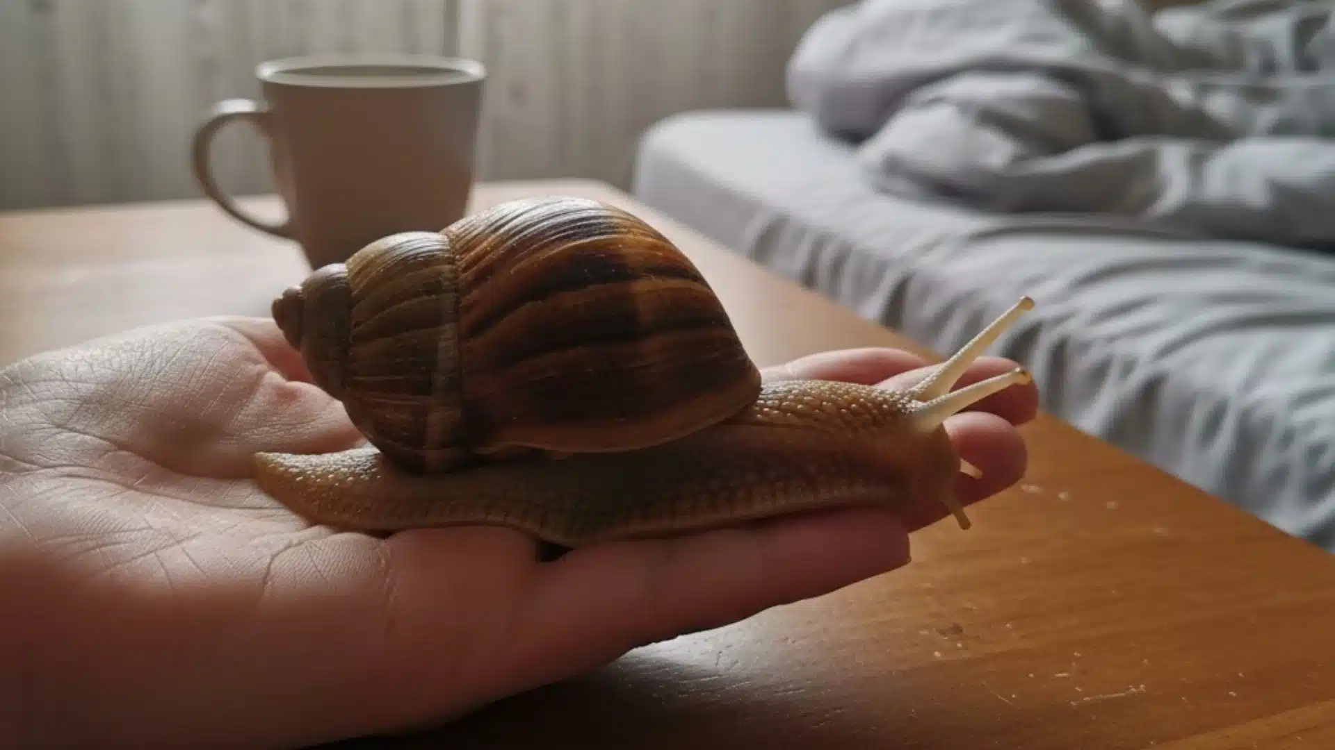 Hand holding a large garden snail with striped shell indoors by a mug and bed, a unique example of low maintenance pets naturally cared for at home