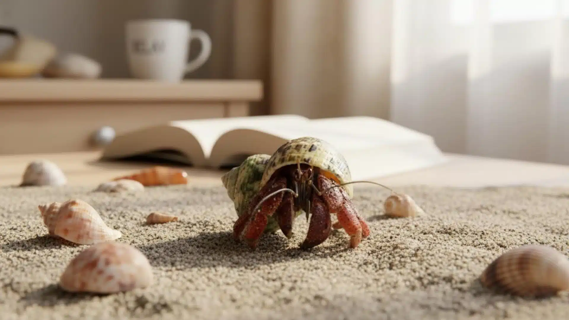 Hermit crab on sand with seashells and an open book in the background, example of low maintenance pets naturally at home
