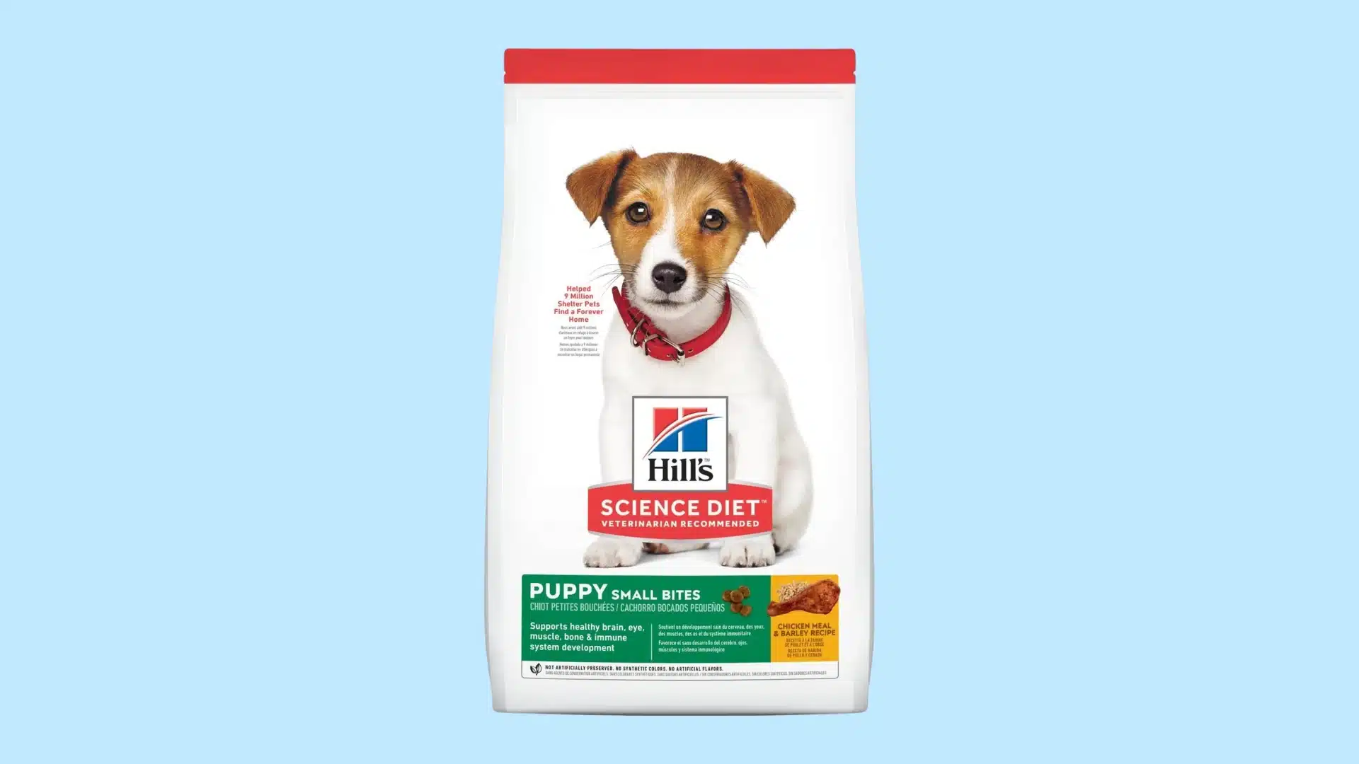 Hill’s Science Diet Puppy Small Bites dry dog food bag with a puppy image and chicken meal and barley recipe label