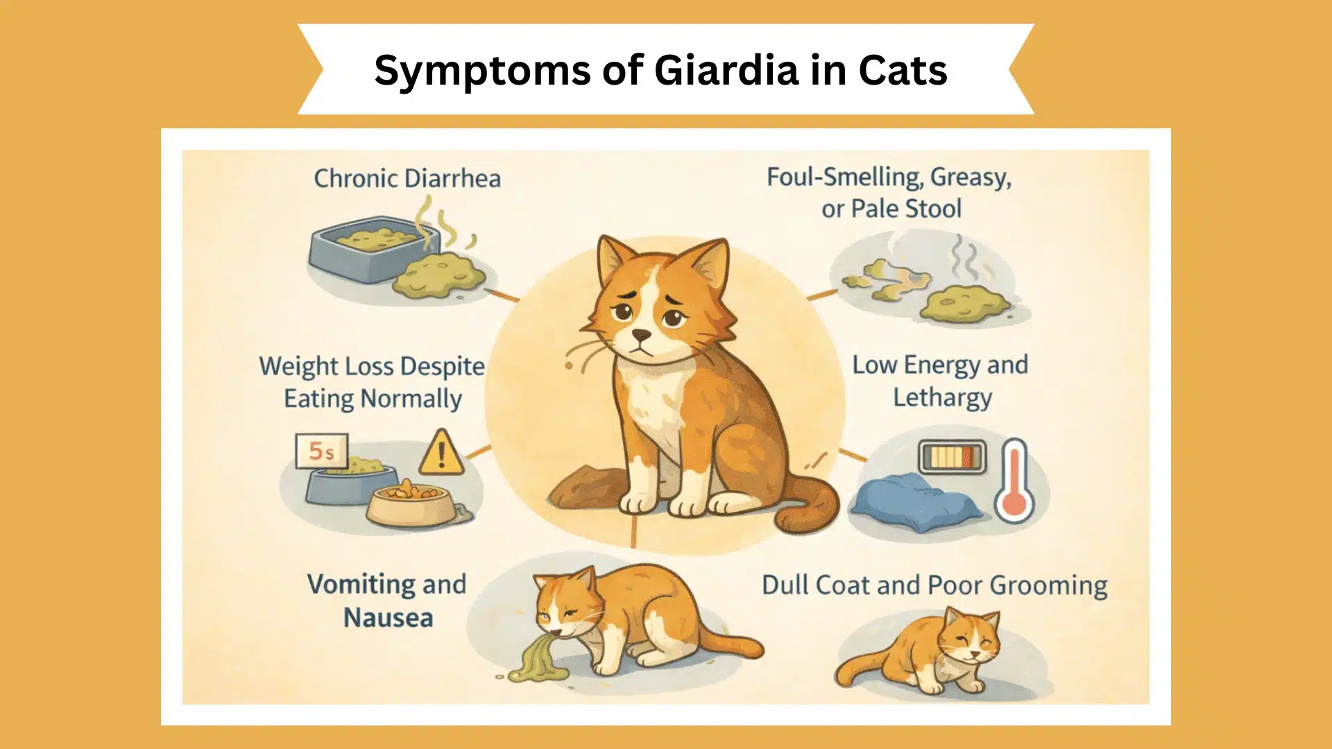 Infographic showing symptoms of giardia in cats including diarrhea weight loss vomiting lethargy and dull coat