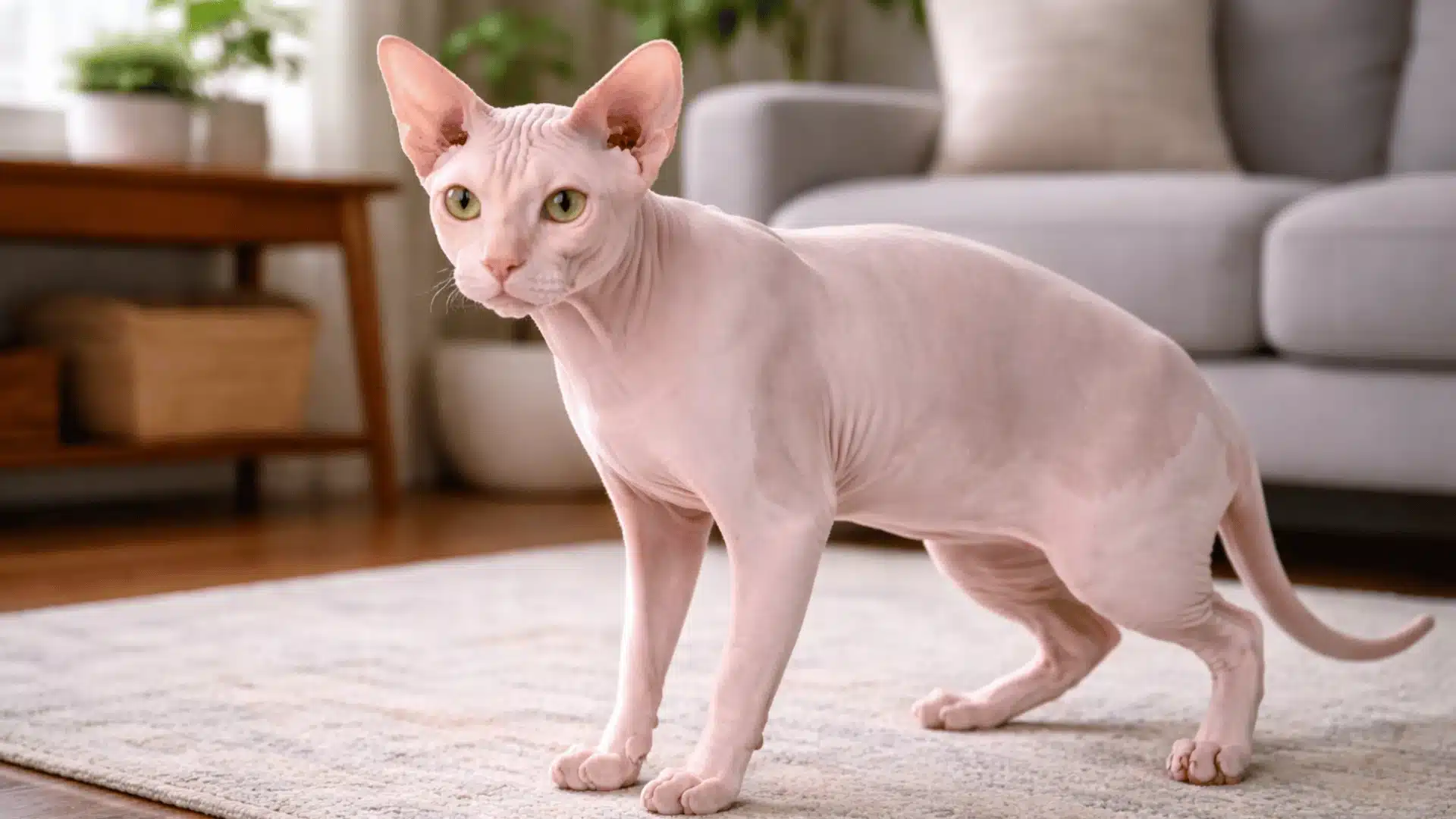 Kohana cat with hairless pink skin standing on rug in living room
