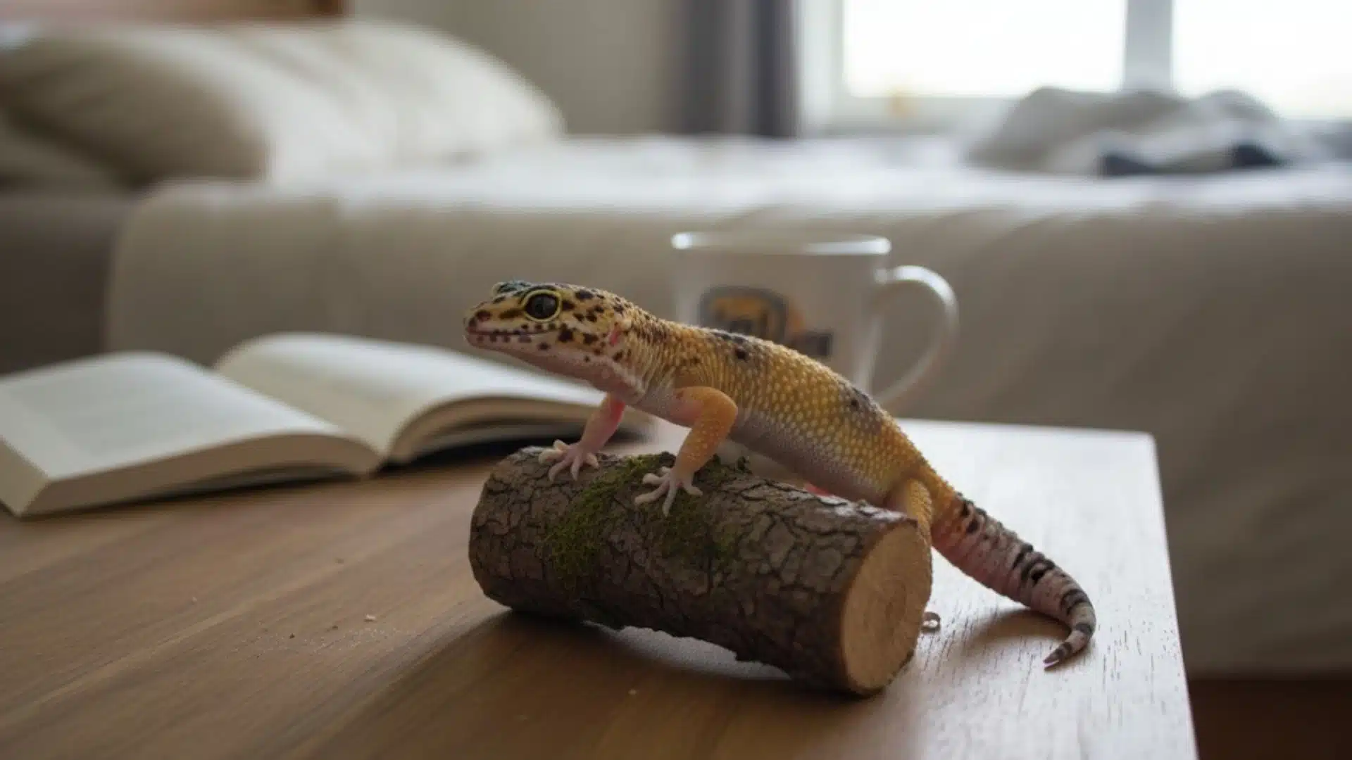 Leopard gecko on a wooden table with open book in bedroom, example of low maintenance pets naturally kept with simple home setup