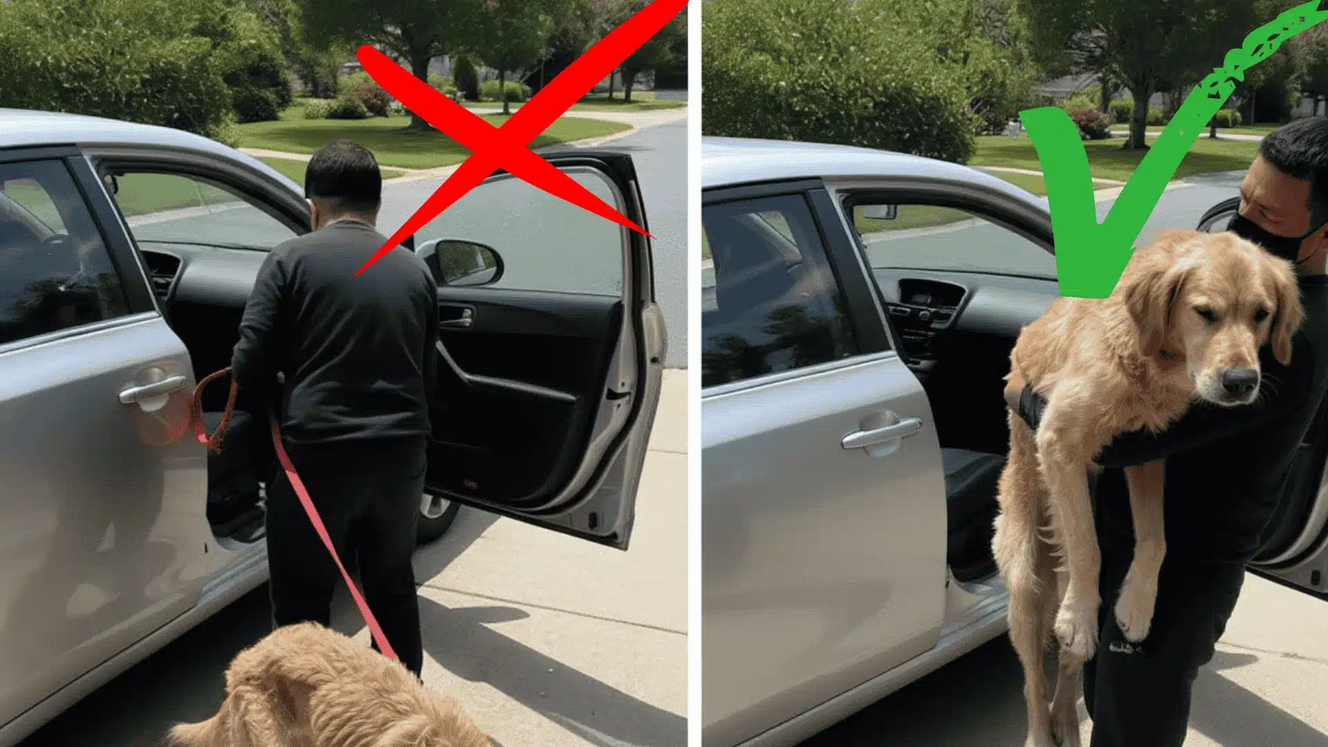 Man carrying weak dog to car for emergency care instead of letting it walk