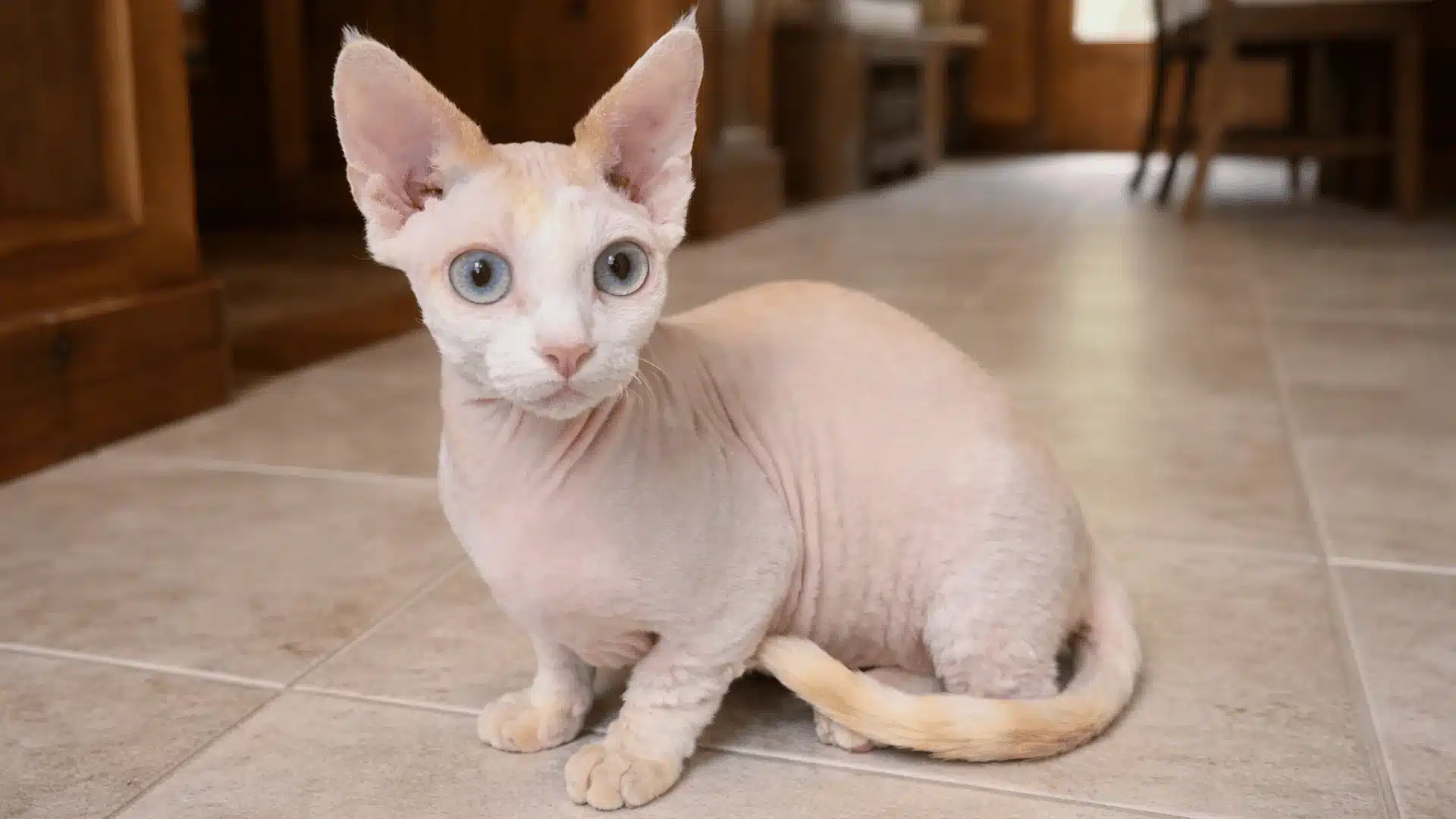 Minskin cat sitting on the floor of a house with a dining table partially visible