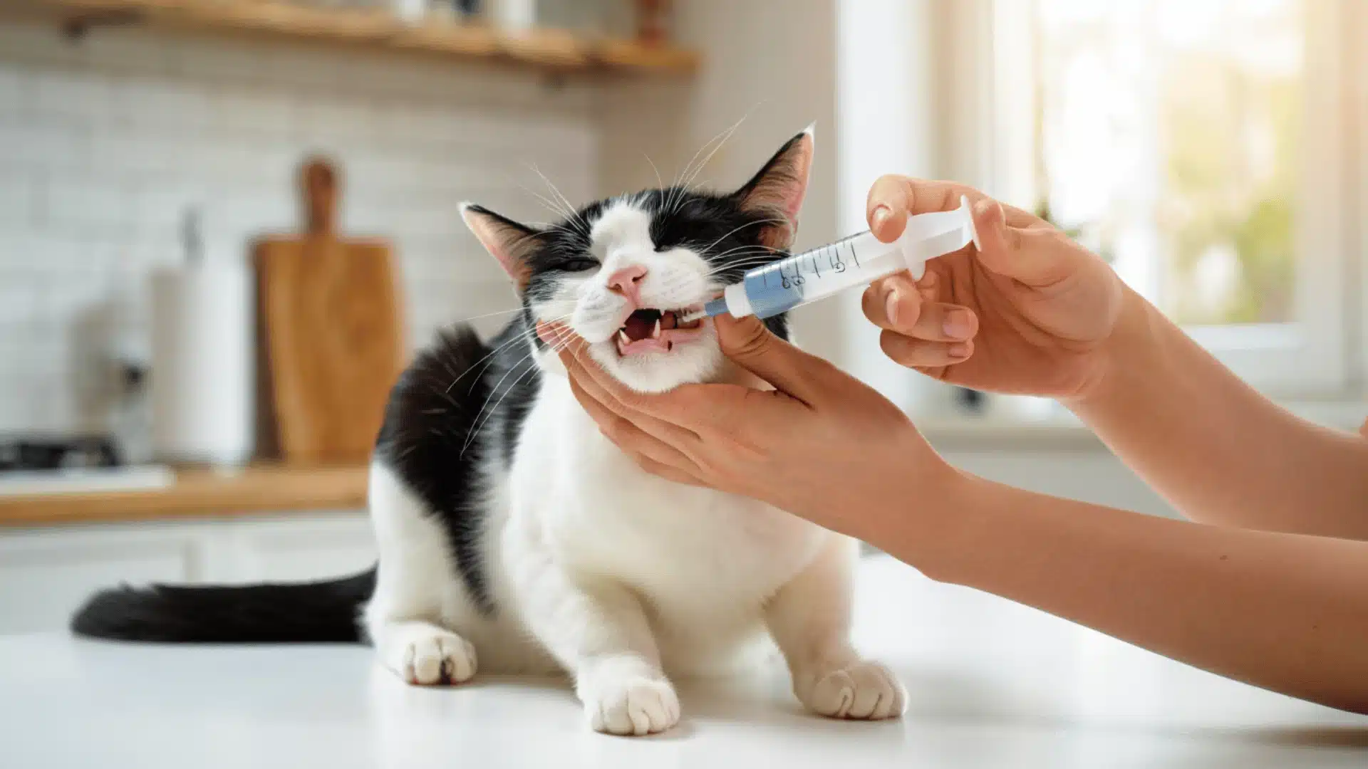 Person giving oral medication with syringe to black and white cat on kitchen counter